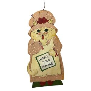 Vintage cat wash your hands‎ wooden hanging Kitchy Folk Grandma Core 10.5” Inch